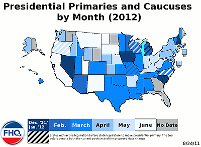 Map of scheduled primaries and caucuses, by month for the 2012 presidential election